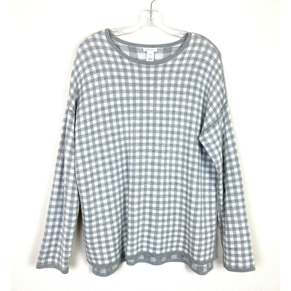J. Jill Reversible Sweater Size S Gray White Check Gingham Cotton Blend Hi-Low